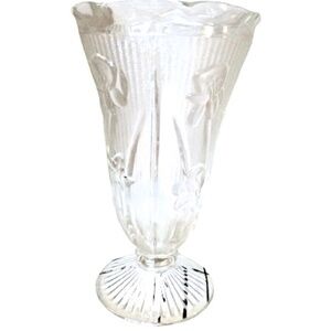 JEANETTE GLASS Vintage Clear Depression Glass Iris & Herringbone 9" Footed Vase